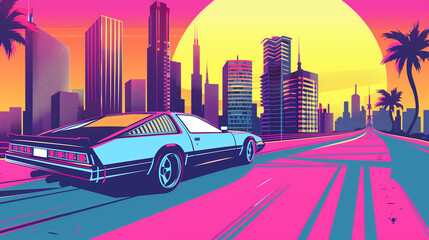 copy space, Summer vibes 80s style illustration, car driving, skyscrapers in background, comic style. Nostalic 80’s poster. 80’s background for poster. Nostalic adventure mockup. Print for T-shirt.