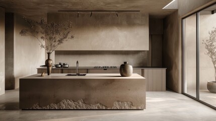 A kitchen with a countertop made of concrete and a vase on it. The kitchen has a modern and minimalist design