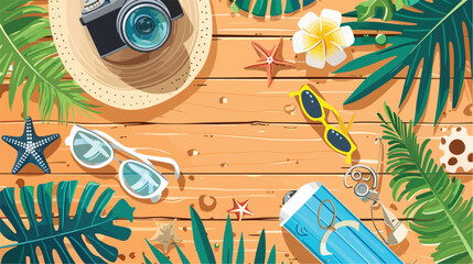 Summer vacation. Objects on wooden background. Top 