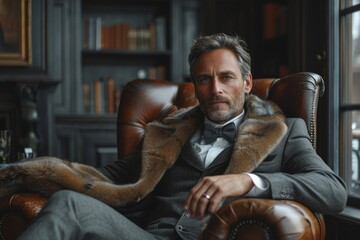 A distinguished man dressed in a tuxedo with a fur coat sits in an old-fashioned chair - obrazy, fototapety, plakaty