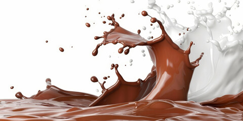 Splash of chocolate and white milk flow mixed on white background - obrazy, fototapety, plakaty