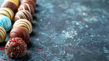   A blue surface holds a row of chocolate-covered candies, each topped with red and white sprinkles