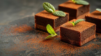   Four brownies with green leaves on a black surface Topped with additional brownies - obrazy, fototapety, plakaty