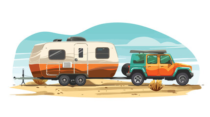 Fototapeta na wymiar Suv car and camper trailers caravan. Desert landscape