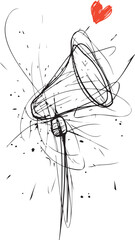 Monochrome megaphone line art with expressive heart doodles, Concept of love message and passionate communication