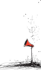 Red megaphone with heart doodles in a minimalist black line art, Concept of romantic announcement and heartfelt expression
