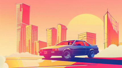 copy space, Summer vibes 80s style illustration, car driving, skyscrapers in background, comic style. Nostalic 80’s poster. 80’s background for poster. Nostalic adventure mockup. Print for T-shirt.