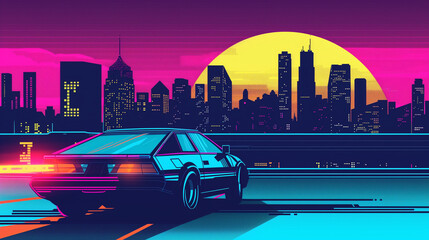 copy space, Summer vibes 80s style illustration, car driving, skyscrapers in background, comic style. Nostalic 80’s poster. 80’s background for poster. Nostalic adventure mockup. Print for T-shirt.