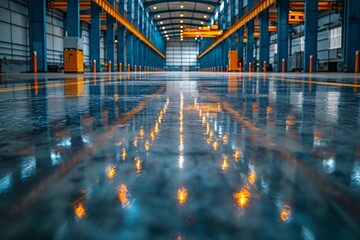 The glossy reflective floor in a blue-toned industrial hall with bright orange lighting pillars - Powered by Adobe