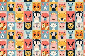 Geometric square pattern with playful animal faces