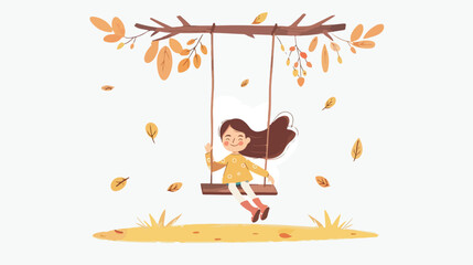 Obraz na płótnie Canvas Happy girl swinging on a wooden swing. Hand drawn sty