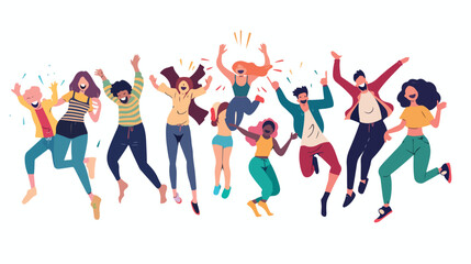 Happy group of people jumping on a white background.