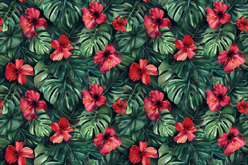 Lush tropical foliage and flowers on a dark background