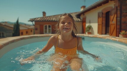 a little girl is sitting in a swimming pool