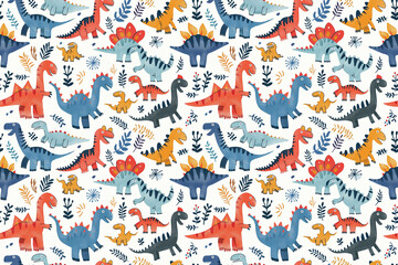 Colorful cartoon dinosaurs in a playful seamless pattern