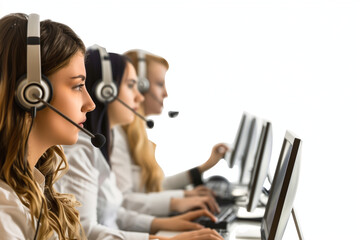 dedication of call center employees as they strive to provide exceptional service to customers, against a pristine white background, reflecting the commitment to customer satisfact