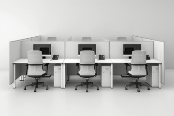 minimalist composition of the orderly layout of workstations and cubicles in a call center office, against a white background, symbolizing organization and efficiency in handling c