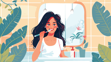 Happy Lady Brushing Teeth With Toothbrush Standing In
