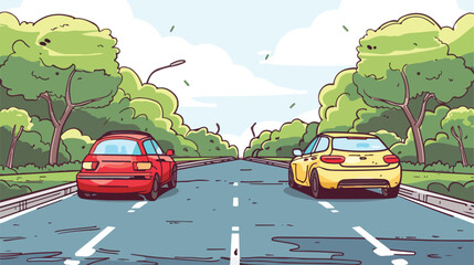 The car is going to overtake on a suburban highway. vector - obrazy, fototapety, plakaty