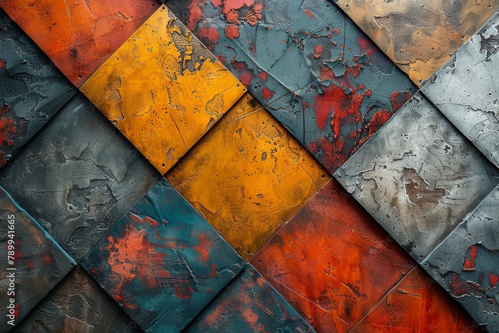 Poster this image showcases an abstract metal wall with a vibrant mix of colors and textures, creating a ge