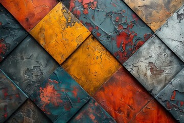 This image showcases an abstract metal wall with a vibrant mix of colors and textures, creating a...