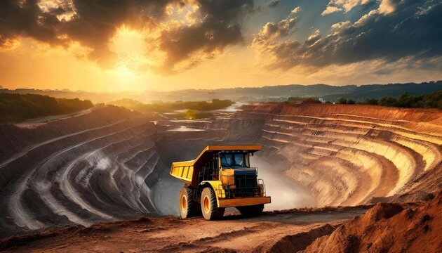 A truck navigates a spiraling open-pit mine at sunset. Vast terraces of the excavation site, underscored by the setting sun.