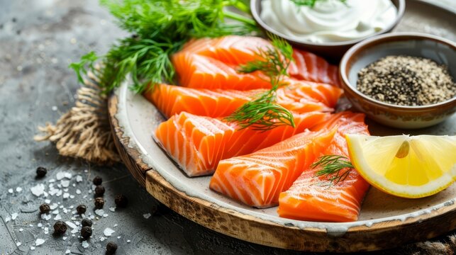   A plate holds salmon topped with dill, lemon slices, and sour cream Salt and pepper are beside it for seasoning