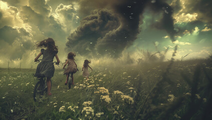 Children flee on foot and bike through grass as towering explosions loom behind them. Black smoke clouds the background, depicting the aftermath of chaos and danger