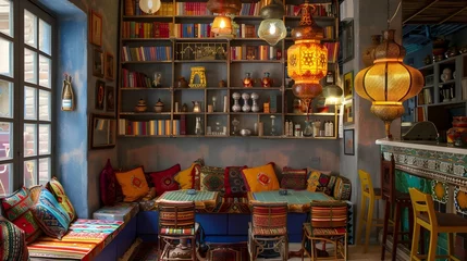 Deurstickers Cozy and Vibrant Moroccan-Inspired Living Room with Colorful Textiles and Eclectic Decor © Rudsaphon