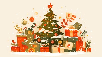 2d illustration featuring a cheerful cartoon Christmas tree and gifts perfect for greeting cards and apparel design to welcome the winter season