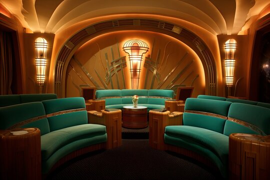 Streamline Moderne Marvels: Art Deco Cinema Room Designs with Curved Lines