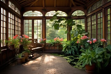 Fototapeta na wymiar Botanical Prints in Art Nouveau Conservatory: Tranquil Pond Decor You'll Love