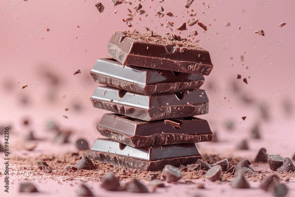 Poster captivating image of neatly piled chocolate bars with scattered chocolate chips and cocoa dust aroun