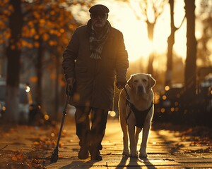 Supportive and moving wallpaper capturing a guide dog at work, aiding a blind man with a cane as they walk confidently together - obrazy, fototapety, plakaty