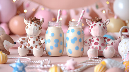 Milkshake for kids during Jewish holiday Shavuot celebration on the background of cow toys.