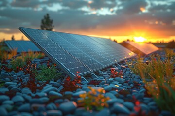 Close-up of solar panels installed over a layer of beautiful multicoloured pebbles during a sunset