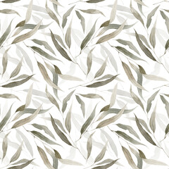 A botanical seamless pattern background with eucalyptus leaves branches watercolor hand painted