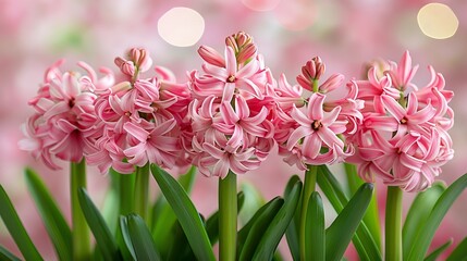   A group of pink flowers with green stems is situated in front of a pink and white backdrop of blurred lights - obrazy, fototapety, plakaty