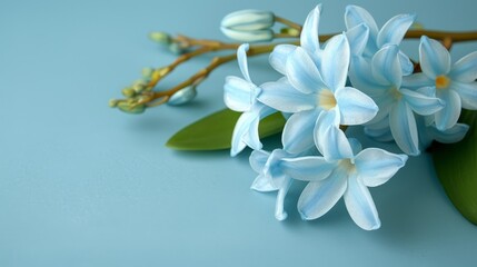   A tight shot of a collection of flowers against a blue backdrop, featuring a solitary green leaf nearby