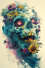 This image juxtaposes the eternal silence of a skull with the vibrant life of blooming flowers, creating a powerful contrast between mortality and the enduring beauty of nature