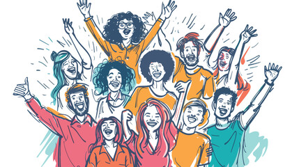 Happy positive people group. Hand drawn style vector