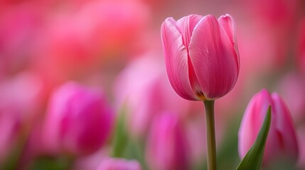   A tight shot of a solitary pink tulip against a backdrop of pink tulip field
