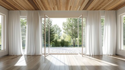 A large open space with white curtains and wooden floors. The curtains are open, letting in a lot of light and creating a bright, airy atmosphere. The room is empty, with no furniture or decorations