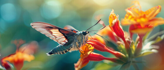 Vibrant hummingbird moth with wings spread, sipping nectar from a colorful flower in bloom.