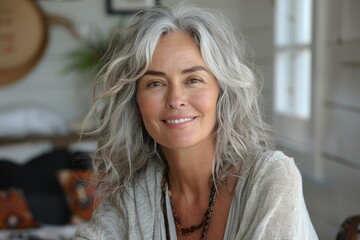 A mature woman with naturally gray hair and a cheerful smile in a well-lit room - obrazy, fototapety, plakaty