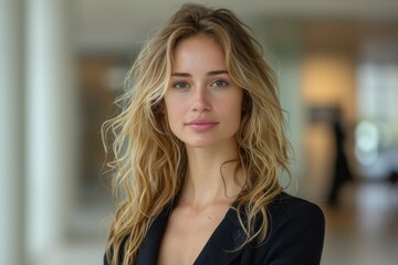 Fototapeta premium A young woman with a natural, unposed expression standing in a contemporary building with soft lighting