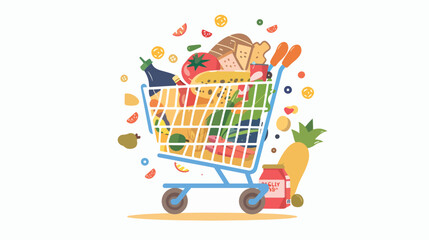 Shopping cart full of food. Vector flat illustration