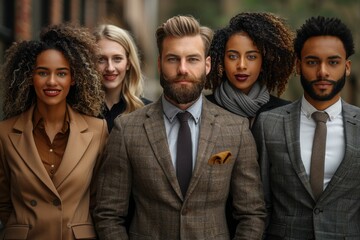 A well-dressed group of diverse young adults in professional business attire