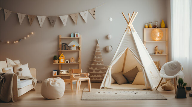 Playful Kids Room  Isolated on a White Background, Interior of child room with teepee in scandinavian style,Bright children's bedroom with a wigwam
