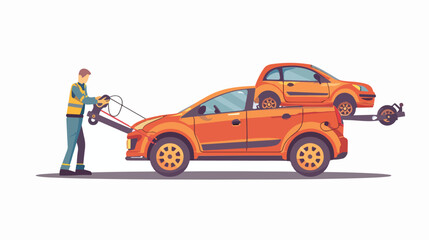 Tow truck with a driver carries a hatchback car. vector - obrazy, fototapety, plakaty